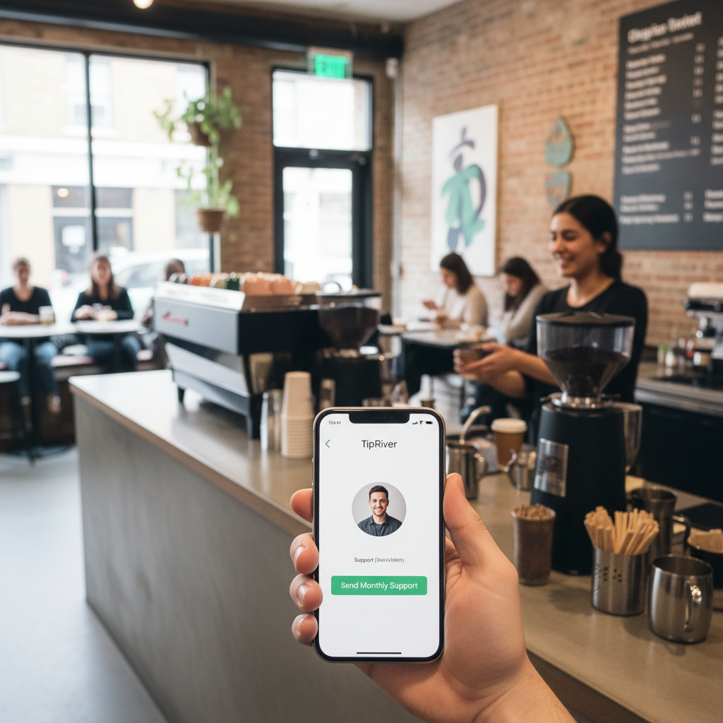 A regular at a busy café counter holding a phone showing a worker's TipRiver profile while the barista serves another customer
